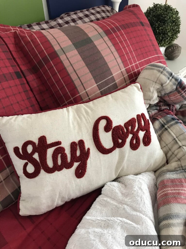 Spare Room to Serene Sanctuary 8 Flannel sheets comforter pillow and fleece throw from CuddlDuds, showcasing complete winter bedding.