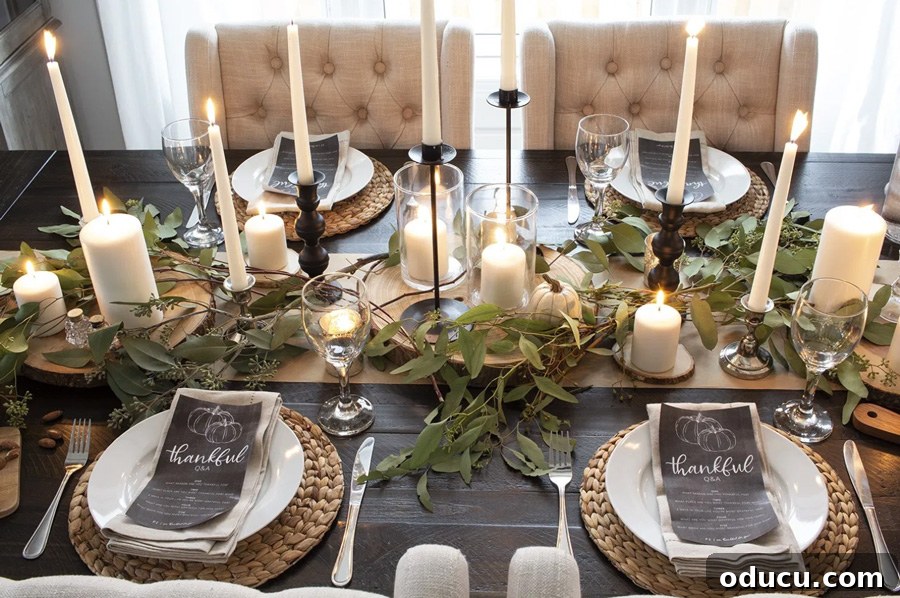 Wood-Effect Dining Table Upgrade 3 Rustic farmhouse dining table setting on a dark wood table, serving as inspiration for a DIY tablecloth project.