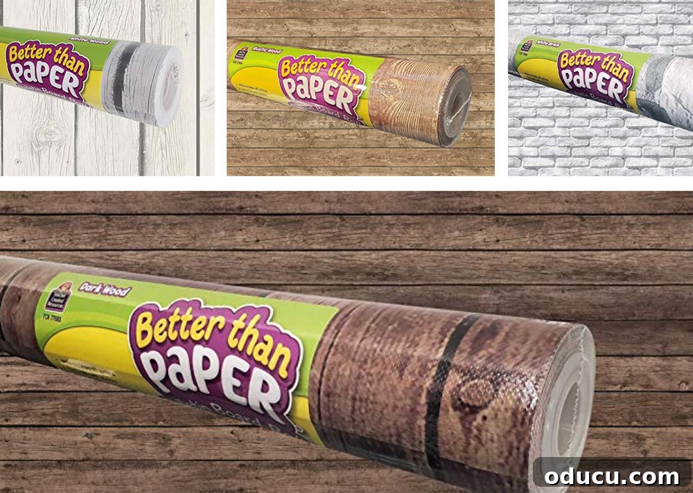 Wood-Effect Dining Table Upgrade 5 Image showcasing various wood-look colors and textures of 'Better Than Paper Bulletin Board Roll' as an innovative tablecloth alternative for holiday or wedding tables.