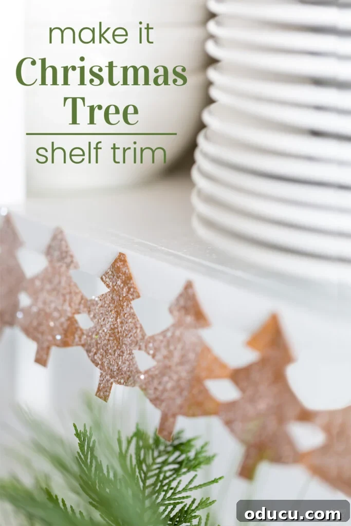 Craft Your Own Christmas Tree Paper Chain 15 Christmas Tree paper chain along edge of open shelves in a kitchen.