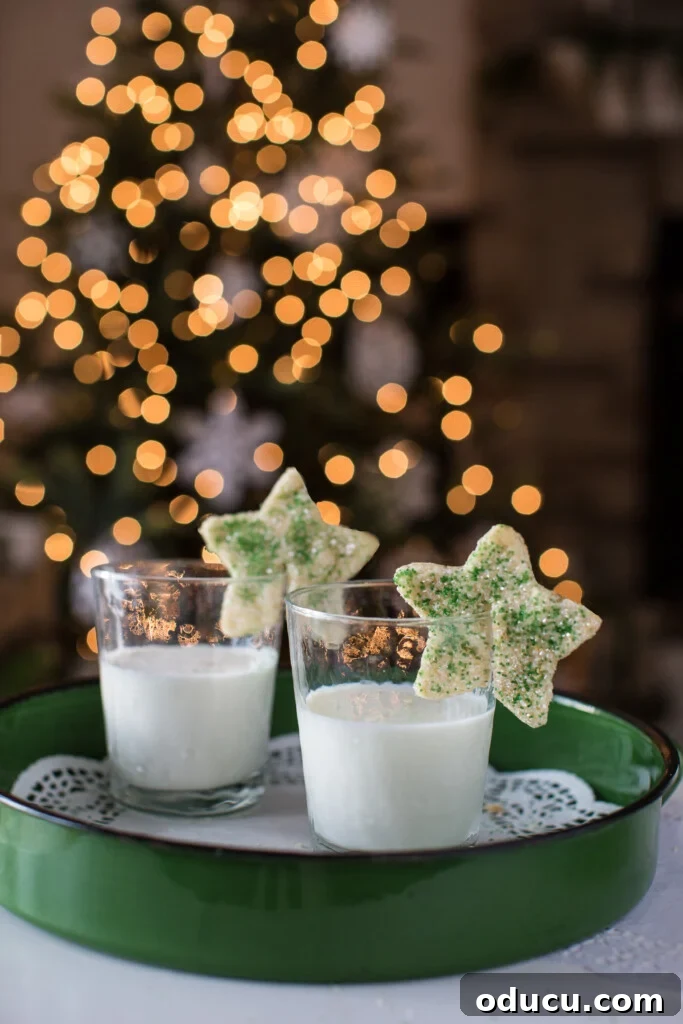 Dazzling Christmas Cookie Decorating Tricks 4 Two star shaped cookies elegantly sitting on the rims of milk filled drinking glasses, showcasing a festive Christmas serving idea.