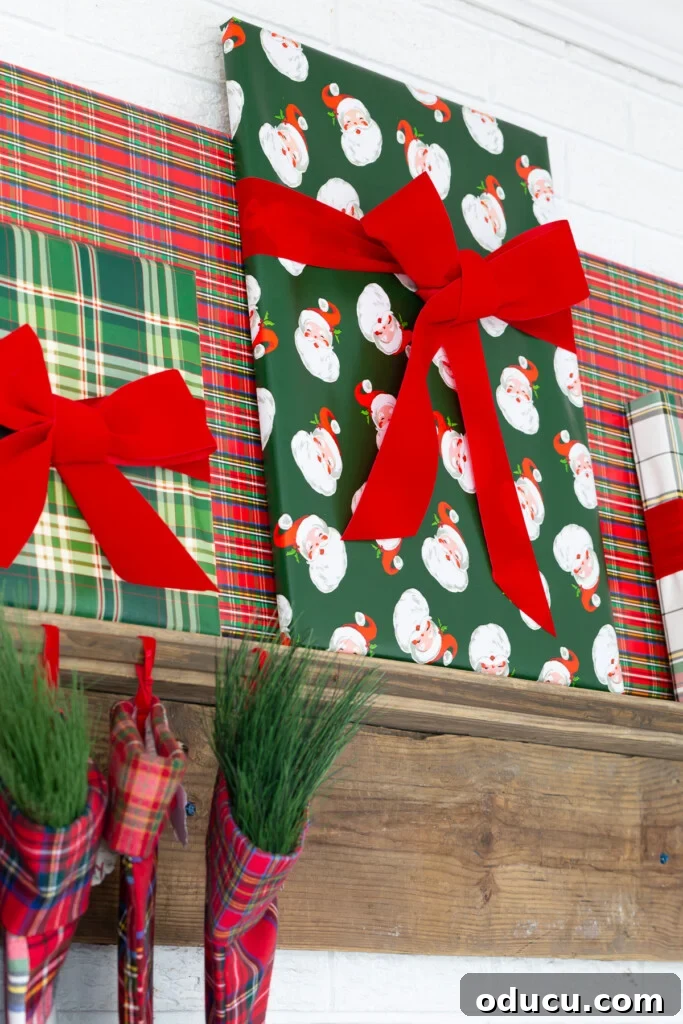 Quick Christmas Home Decor Hacks When Time is Tight 2 Easy Christmas mantel decorating idea using gift wrap and large frames.