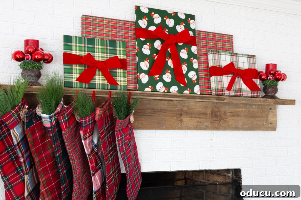Quick Christmas Home Decor Hacks When Time is Tight 3 Red, green and white Christmas decorated fireplace mantel using holiday gift wrap and ribbon.