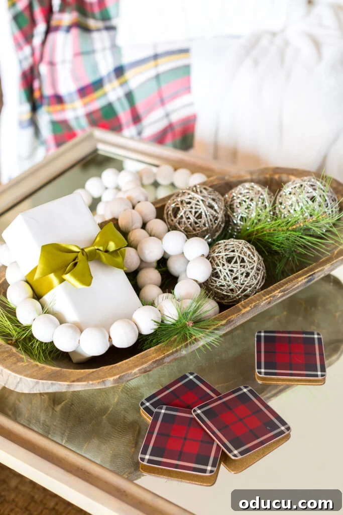 Quick Christmas Home Decor Hacks When Time is Tight 24 Large dough bowl on table decorated for Christmas.
