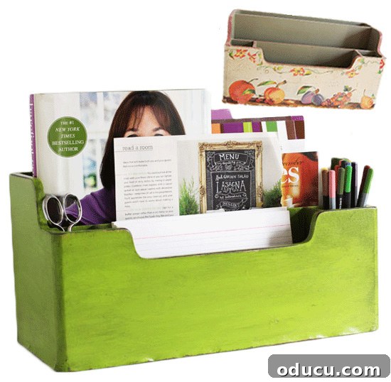 Smart Desk Organization Hacks 9 Chalk painted desk organizer with a fresh, chic look after being updated from an old fruit motif