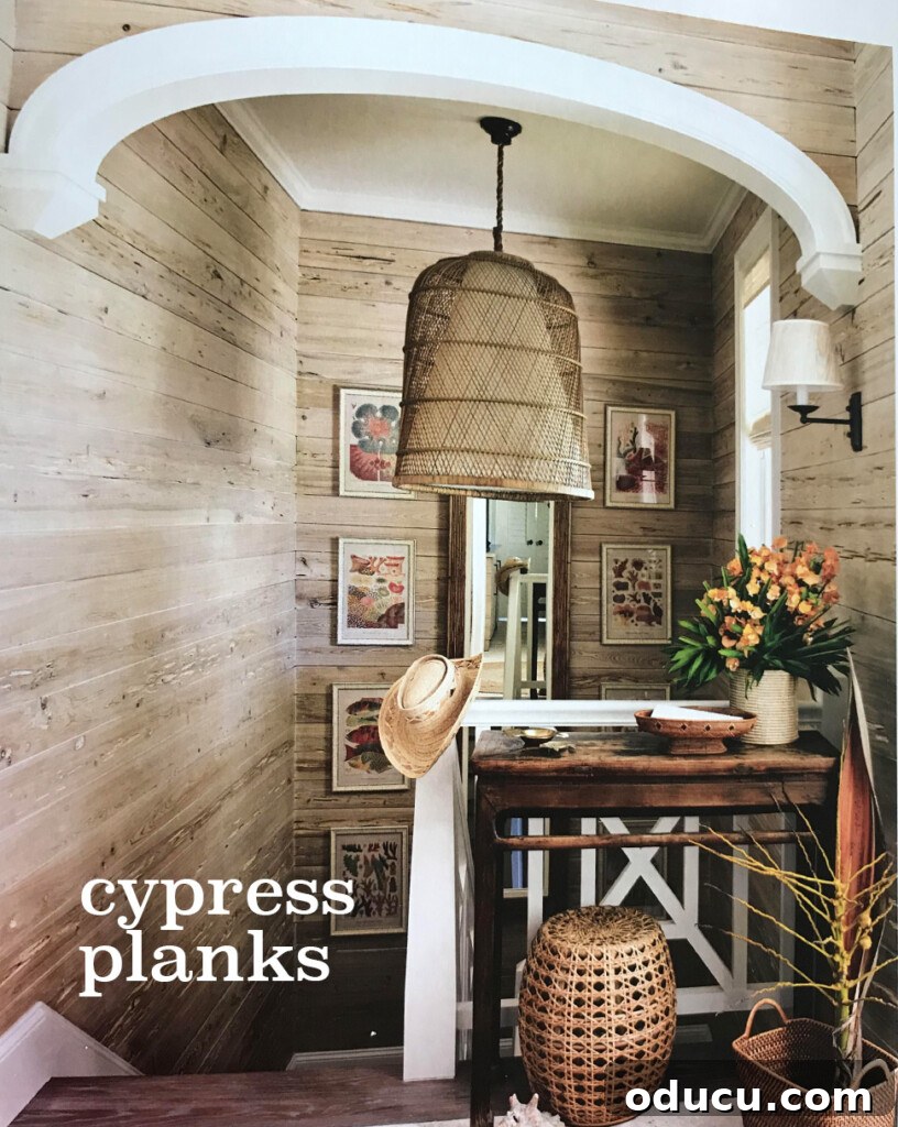 White and Wood Living Room Aesthetic 2 Hallway and stairwell with cypress plank walls showcasing a rustic yet polished aesthetic. Designer Tom Scheerer's work from House Beautiful Dream Homes.