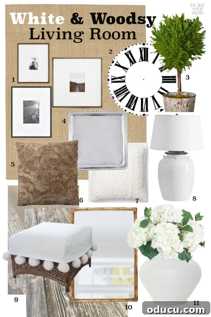 White and Wood Living Room Aesthetic 4 Mood board featuring items for a White and Woodsy Decorating style: white textiles, natural wood furniture, woven baskets, and botanical elements.