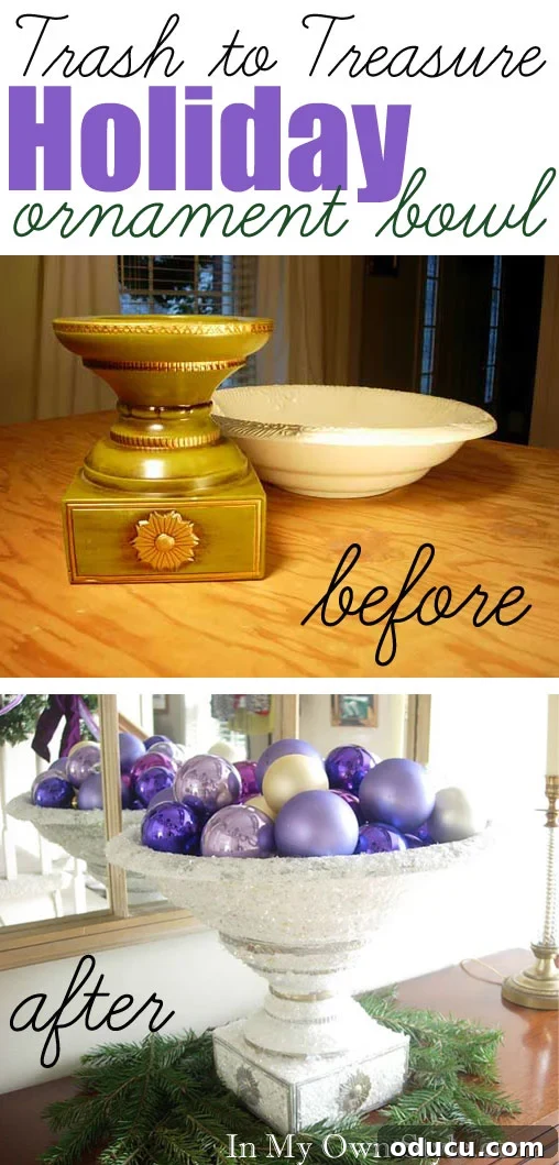 Christmas ornament bowl crafted from thrift store finds: a true trash to treasure story.