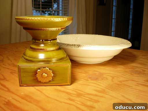 Pre-Painted Thrift Store Items for DIY Christmas Decor Thrift store finds: base and bowl ready for transformation into a festive ornament bowl