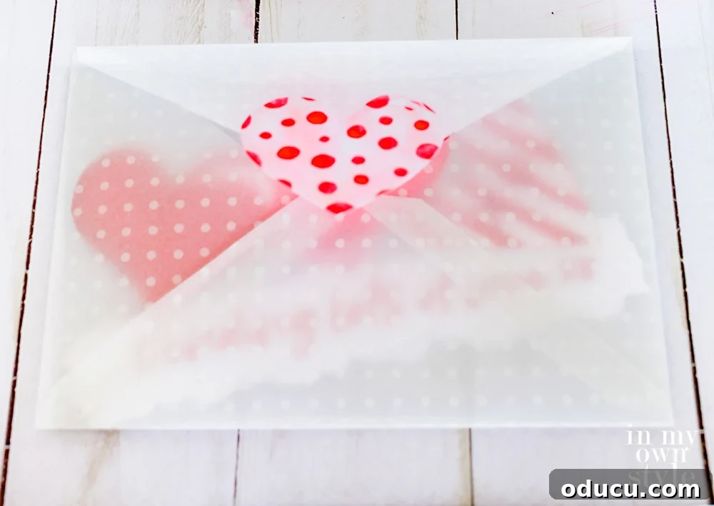 Vellum scrapbook paper made into a Valentine card envelope