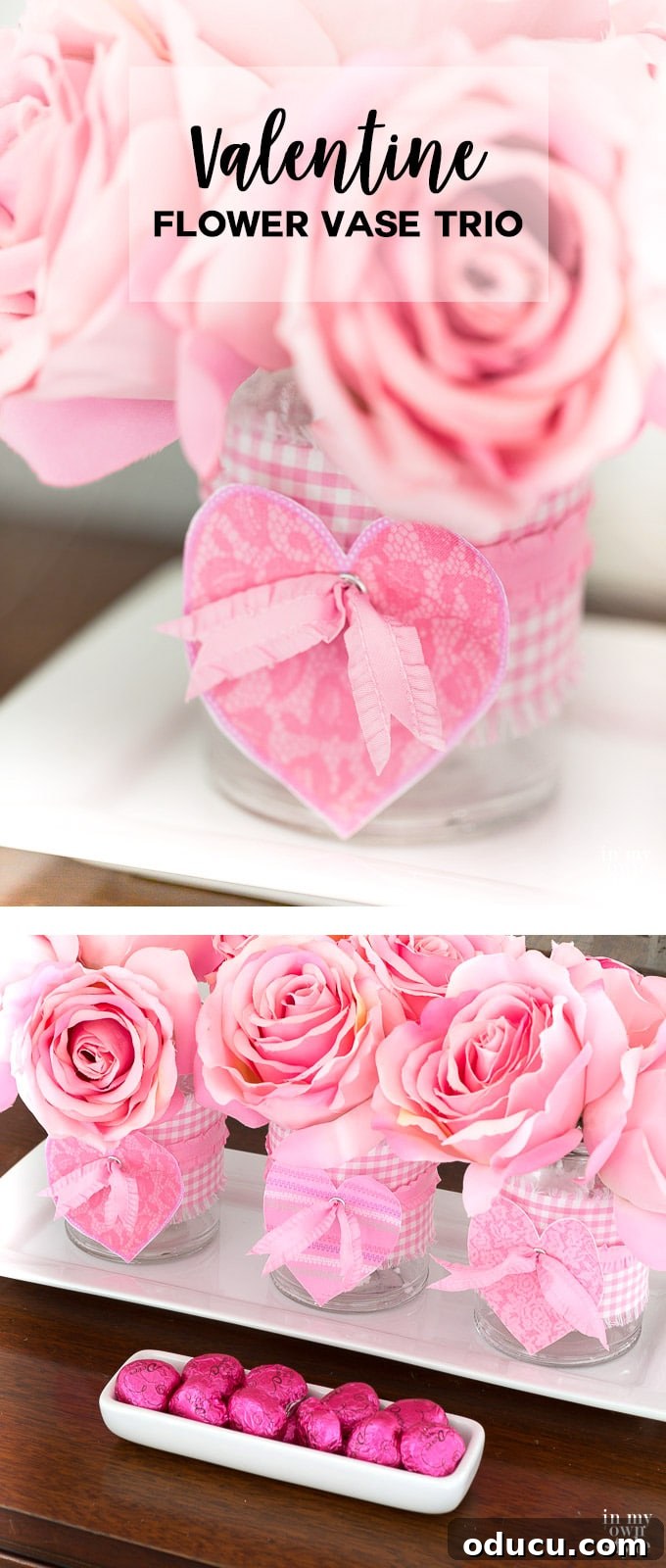 10 Heartfelt Valentine's Ideas for Everyone You Cherish 5 DIY Valentine's Day flower vases crafted from upcycled drinking glasses and patterned fabric, perfect for rustic or charming home decor.