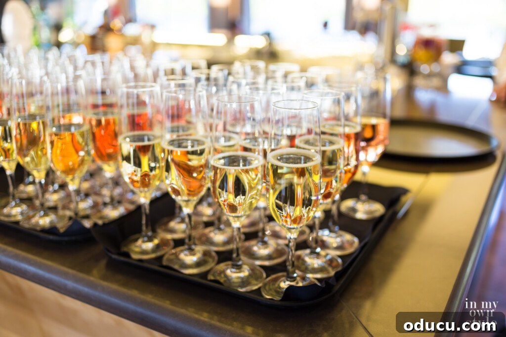 A Viking Voyage on the Seine 13 Glasses of Champagne on trays on ships bar.
