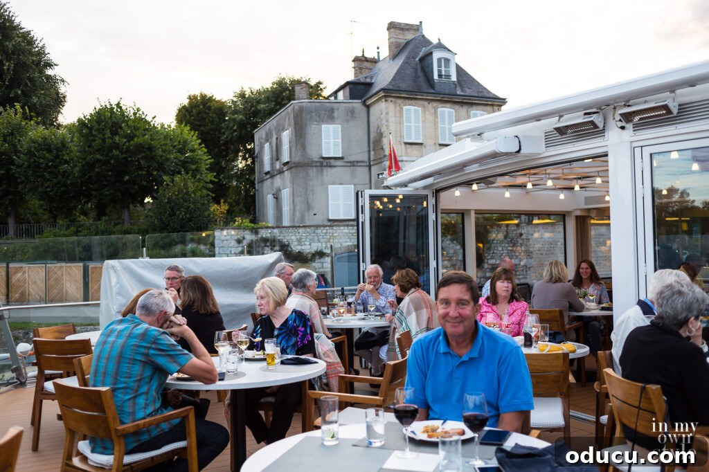 A Viking Voyage on the Seine 14 Outdoor dining area on the bow of the Viking River Cruise Longship Kadlin.