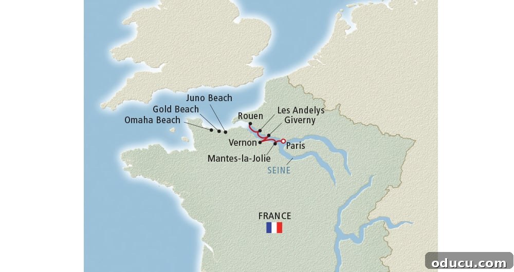 A Viking Voyage on the Seine 3 Map-of-Port-Stops-on-Paris-to-Heart-of-Normandy-Viking-Cruise