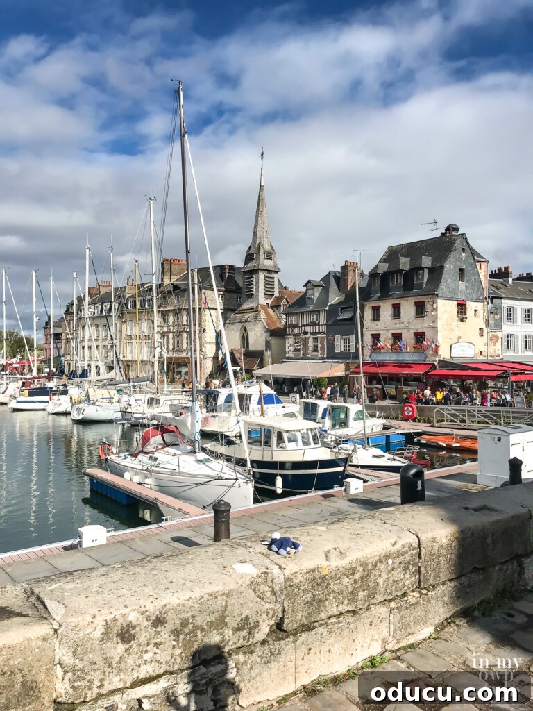 Seine Serenity A Viking River Cruise Through France 9 Honfleur Harbor with boats, shops and restaurants.
