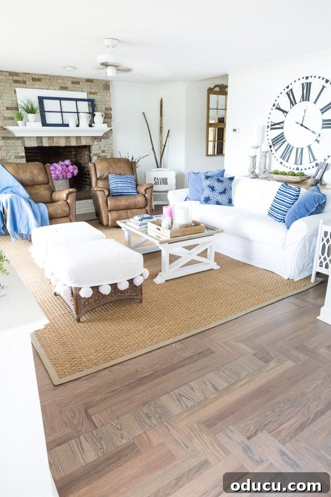 Dramatic Living Room Transformation 2 Small living room with natural seagrass area rug with chalk painted border trim, illustrating budget-friendly decor
