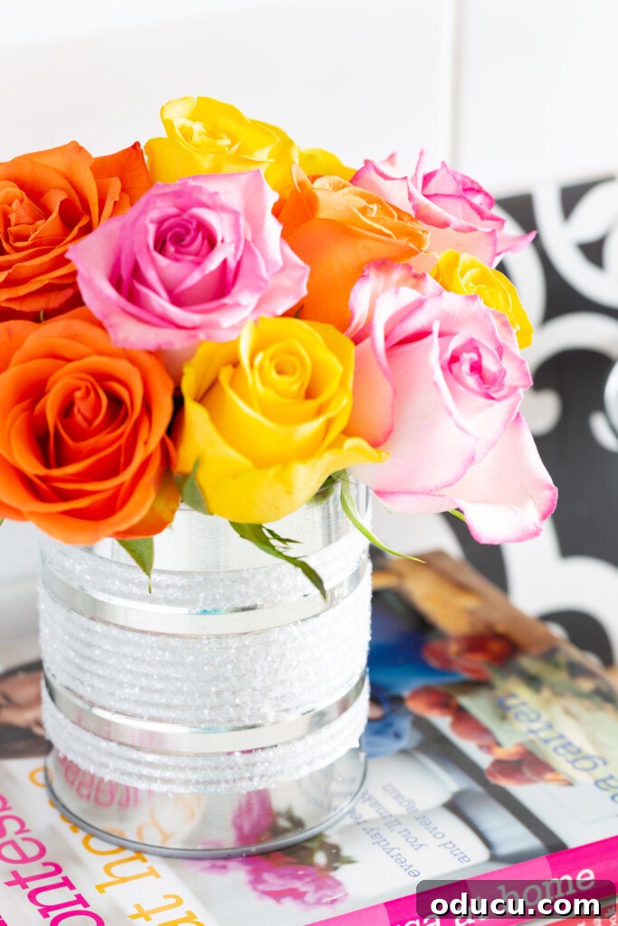 Transform Your Kitchen Counters: 4 Quick Styling Tips 5 Kitchen counter styling ideas. Rainbow roses styled in a diy tin can vase on a kitchen counter.