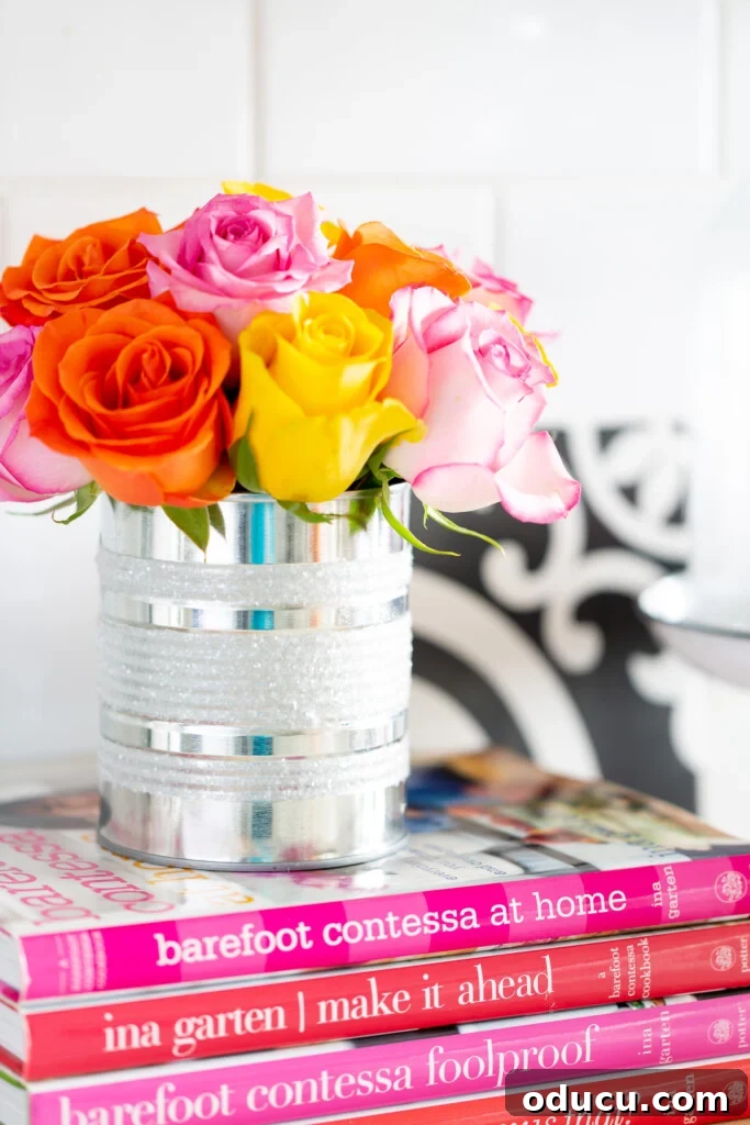 Transform Your Kitchen Counters: 4 Quick Styling Tips 6 Kitchen counter styling ideas. Rainbow roses styled in a diy tin can vase on a kitchen counter.