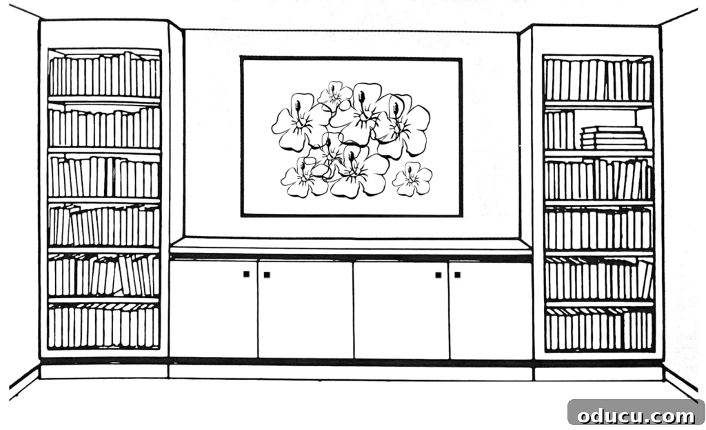 Curate Your Walls Like a Pro 2 The simple guide to hanging wall art around bookcases, showcasing a horizontal rectangular art piece fitting a horizontal wall space.