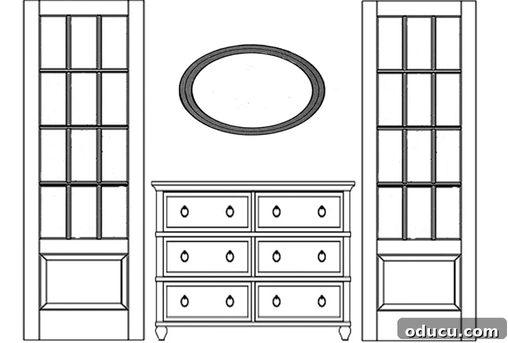 Curate Your Walls Like a Pro 17 A horizontally hung oval mirror positioned above a piece of furniture, illustrating the proper way to hang an oval mirror.