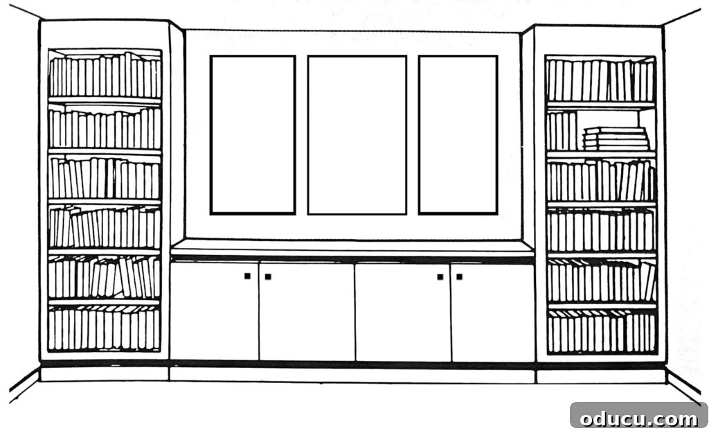Curate Your Walls Like a Pro 3 How to hang art on a wall around bookcases using three vertical pieces to form a horizontal grouping.