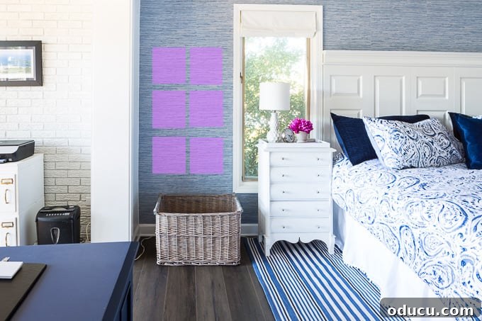 Curate Your Walls Like a Pro 6 A grid pattern of six square framed pictures forming a vertical rectangle on a wall, showcasing rules for hanging pictures in groups.
