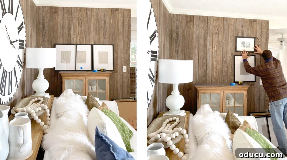 Visual guide showing how to plan frame placement for a balanced grid photo or art gallery wall.