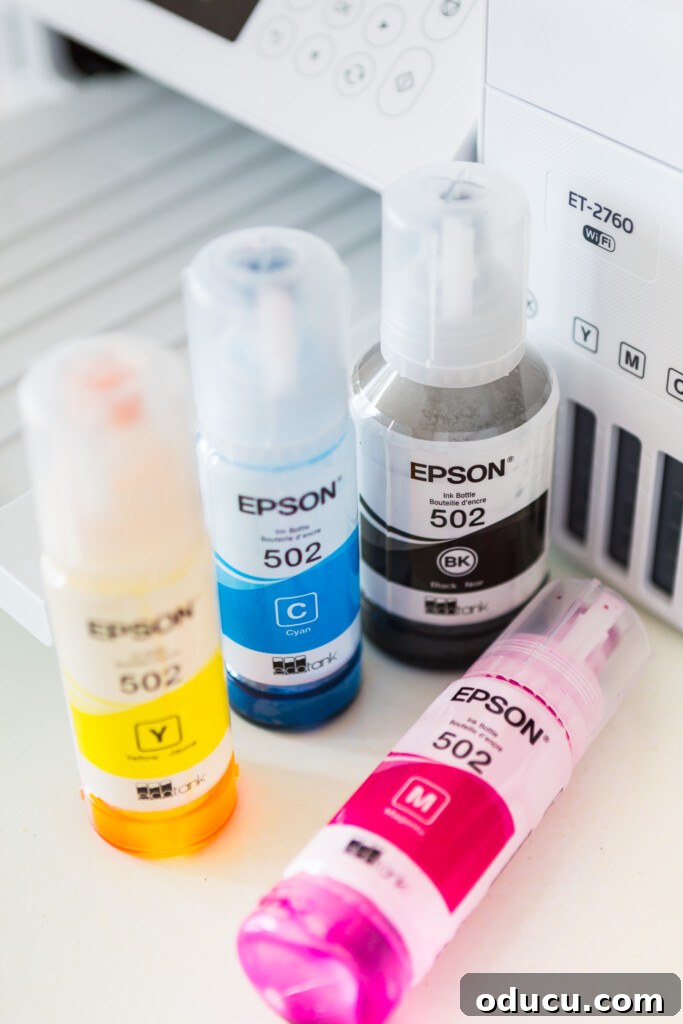 Epson Refillable ink bottles for an Eco Tank printer, used for printing gallery wall photos.