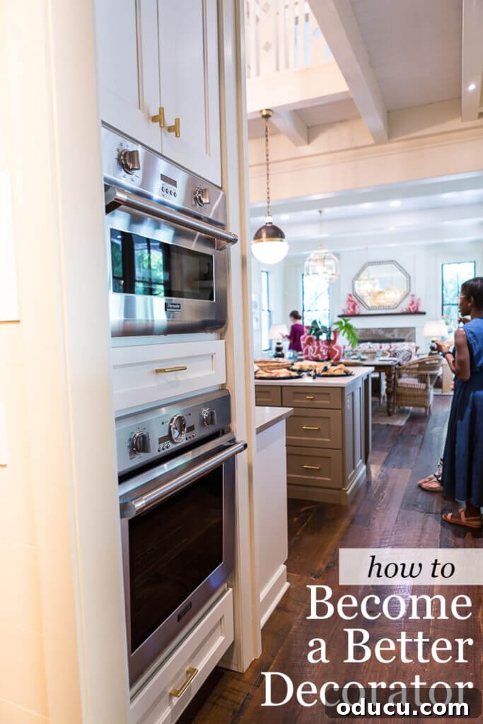 Decorating Wisdom That Changed Everything 8 Kitchen in Bald Head Island Showhouse. Text overlay says how to become a better decorator, emphasizing practical advice.
