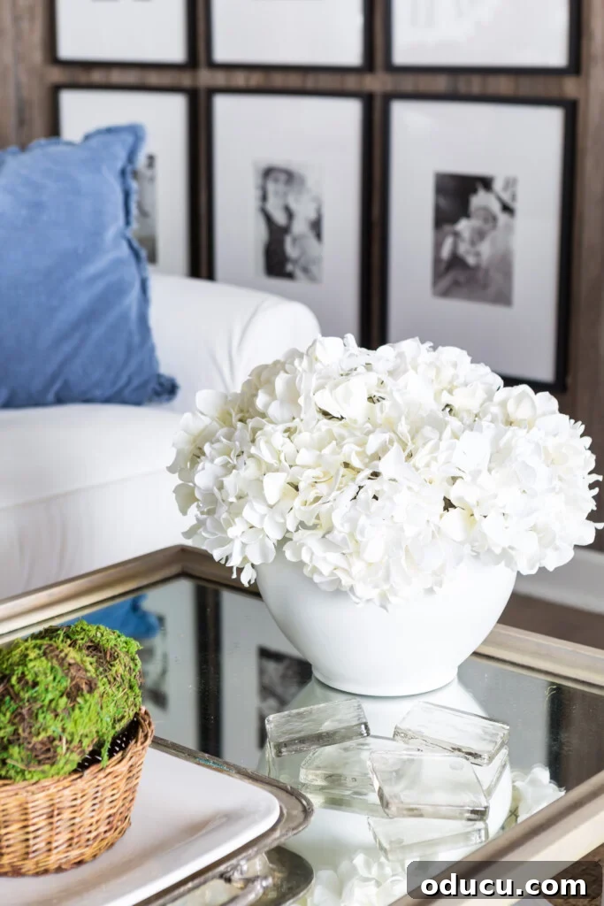 Transform Your Ceramics with Spray Paint 4 White spray painted planter filled with white hydrangeas on coffee table