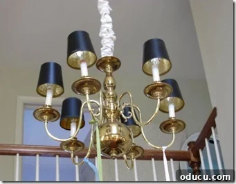 Brass Chandelier makeover that uses Spackle and paint - Before