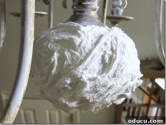 Spackle applied to the chandelier ball, setting