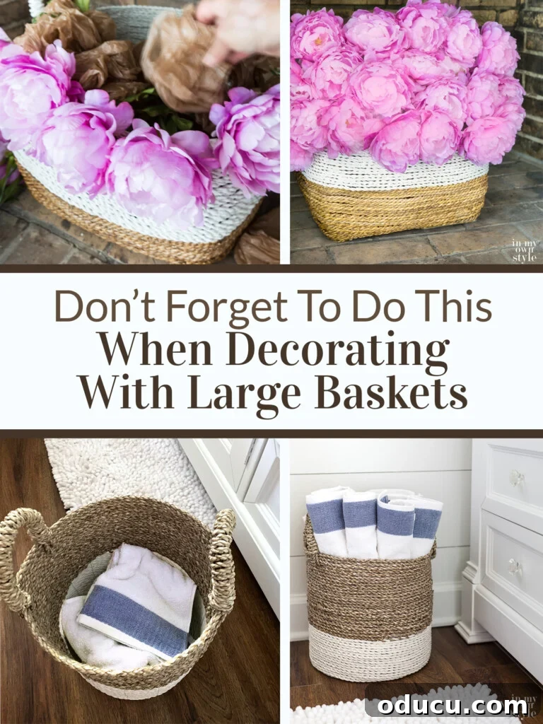 Statement Decor: Creative Ways with Large Baskets 12 A collage of four images demonstrating the process of filling large decorative baskets with plastic bags before arranging faux flowers, with text: 'Don't Forget to do this when decorating with large baskets.'