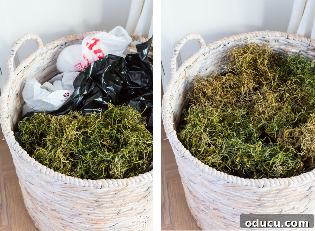 Statement Decor: Creative Ways with Large Baskets 8 Side-by-side comparison illustrating how to fill a large basket with bunched plastic bags and moss before placing a faux plant.