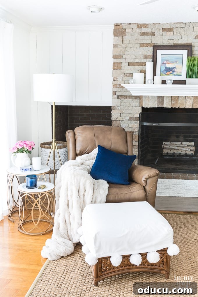 Transform Your Wicker Basket into a Stylish Side Table 2 Living room with stone fireplace, brown recliner and metal wire side tables. Before the DIY project.