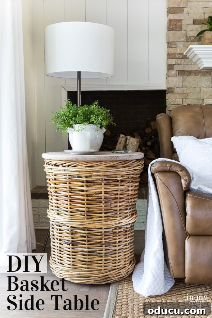Transform Your Wicker Basket into a Stylish Side Table 12 Large wicker basket DIY side table idea in corner of living room, showing the final elegant setup.