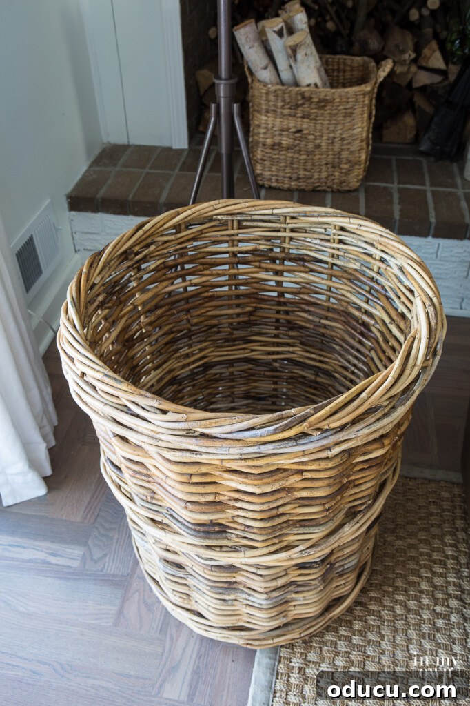 Transform Your Wicker Basket into a Stylish Side Table 5 Empty wicker basket in living room, ready for transformation into a side table.