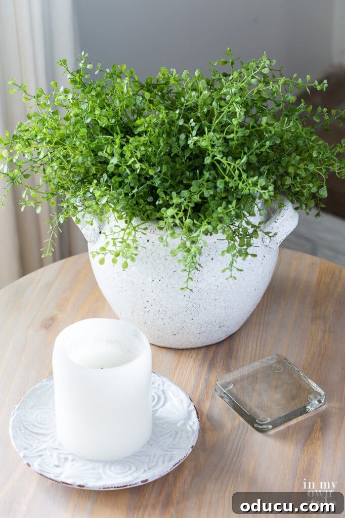 Transform Your Wicker Basket into a Stylish Side Table 10 Plant in white planter, white candle, and clear glass coaster on a side table in a living room.