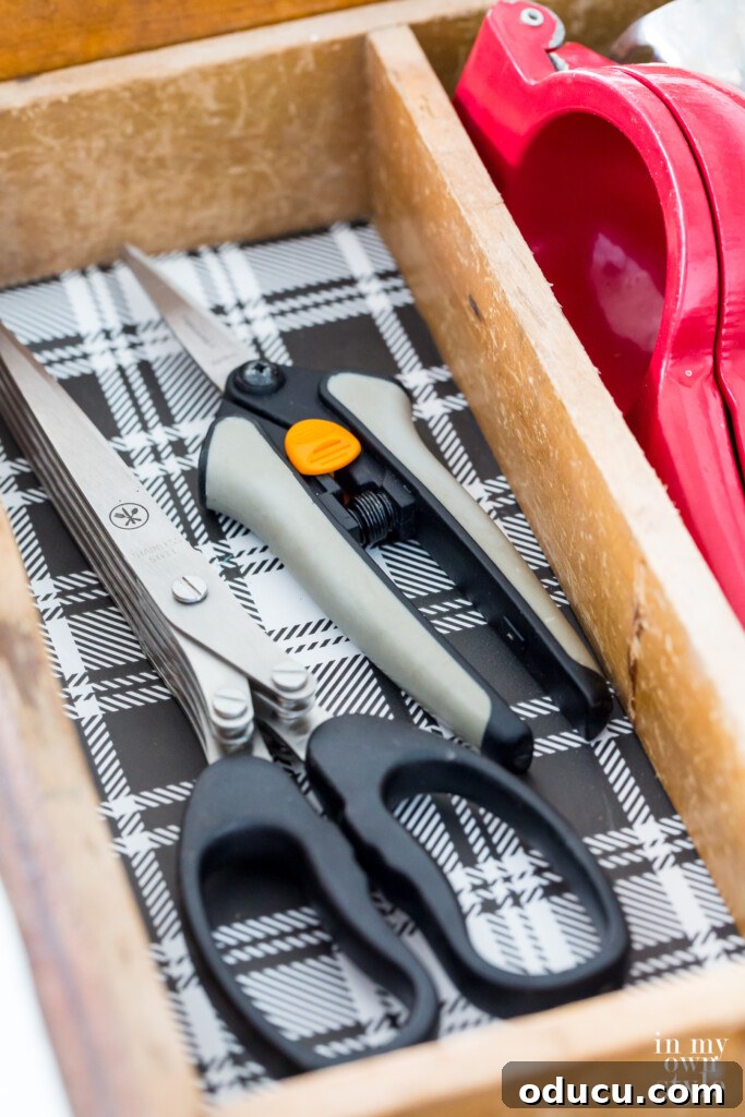 My Kitchen's Muse: Tools That Ignite Culinary Desire 4 Herb snips and Herb chopping scissors in an open kitchen drawer.