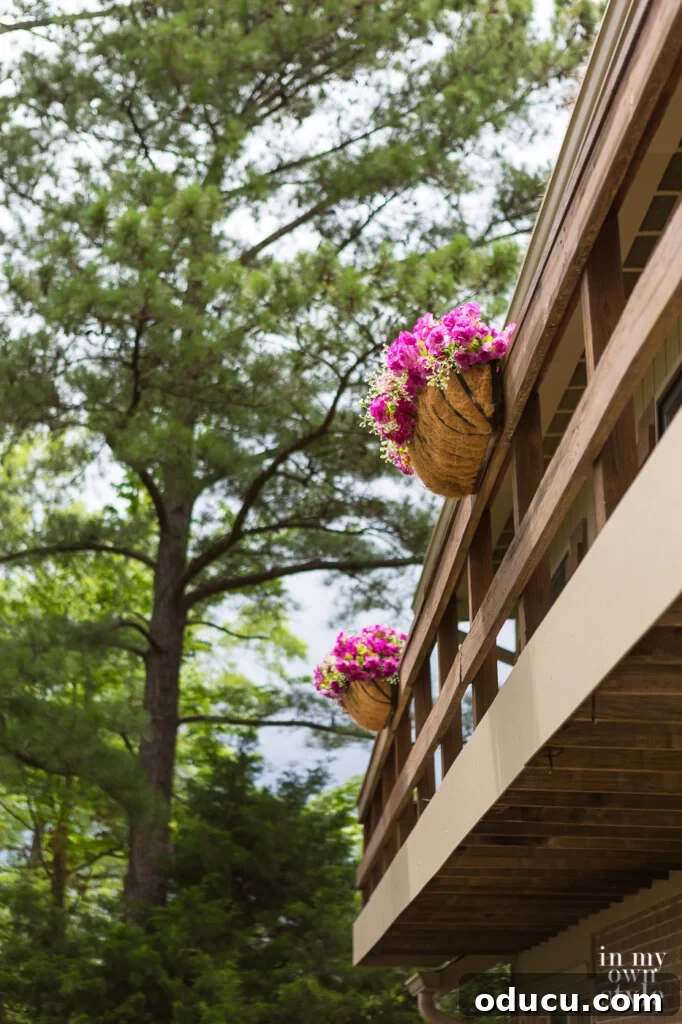 Lakeside Deck Rail Planter Boxes 6 Two window flower box planters hung from deck railing on house.