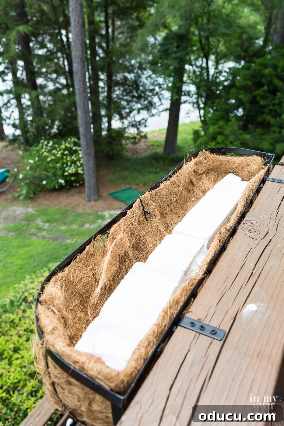 Lakeside Deck Rail Planter Boxes 8 Long pieces of Styrofoam in a deck railing planter.