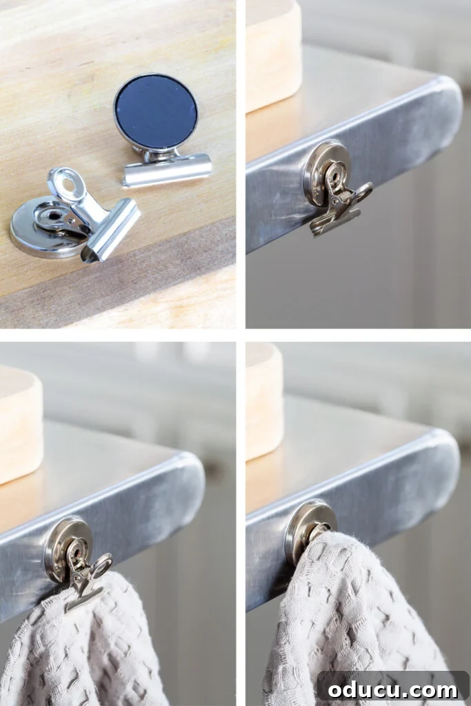 Cultivating Your Creative Sanctuary 12 Kitchen organizing tip for holding a dishtowel on a metal food prep cart, showcasing a practical hack.