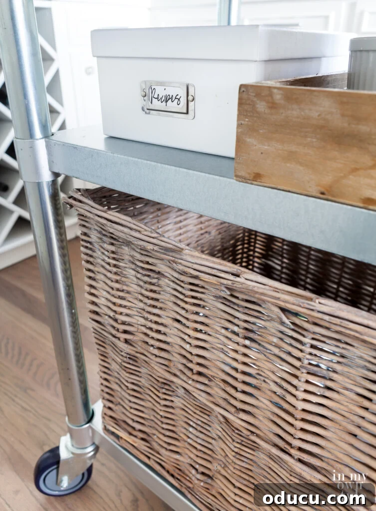 Cultivating Your Creative Sanctuary 9 Close up of second shelf added to rolling metal kitchen cart that acts like an center kitchen island, showing detail.