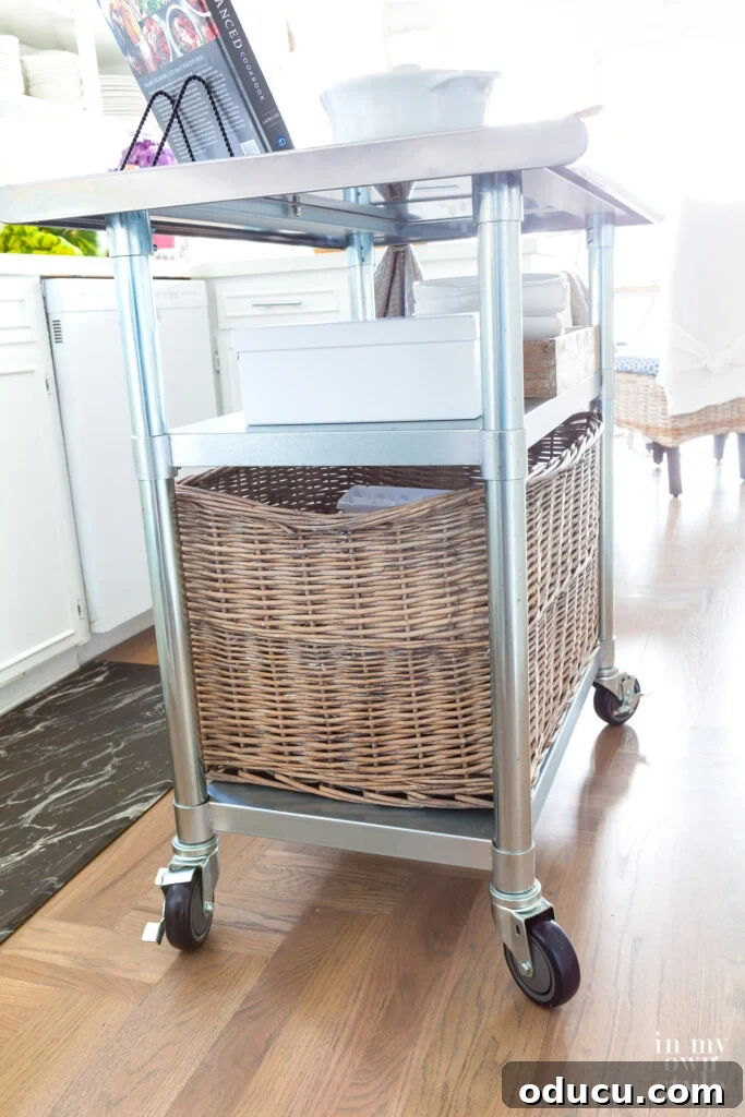 Cultivating Your Creative Sanctuary 10 After photo showing my rolling metal kitchen island with a second shelf added, highlighting the complete upgrade.