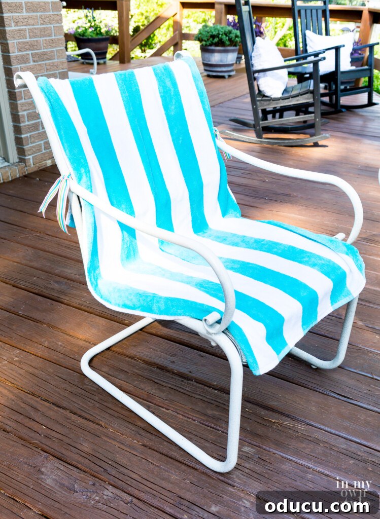 Effortless Outdoor Chair Makeovers: No Sewing Required 3 How to make tie on washable outdoor chair cushions without sewing.