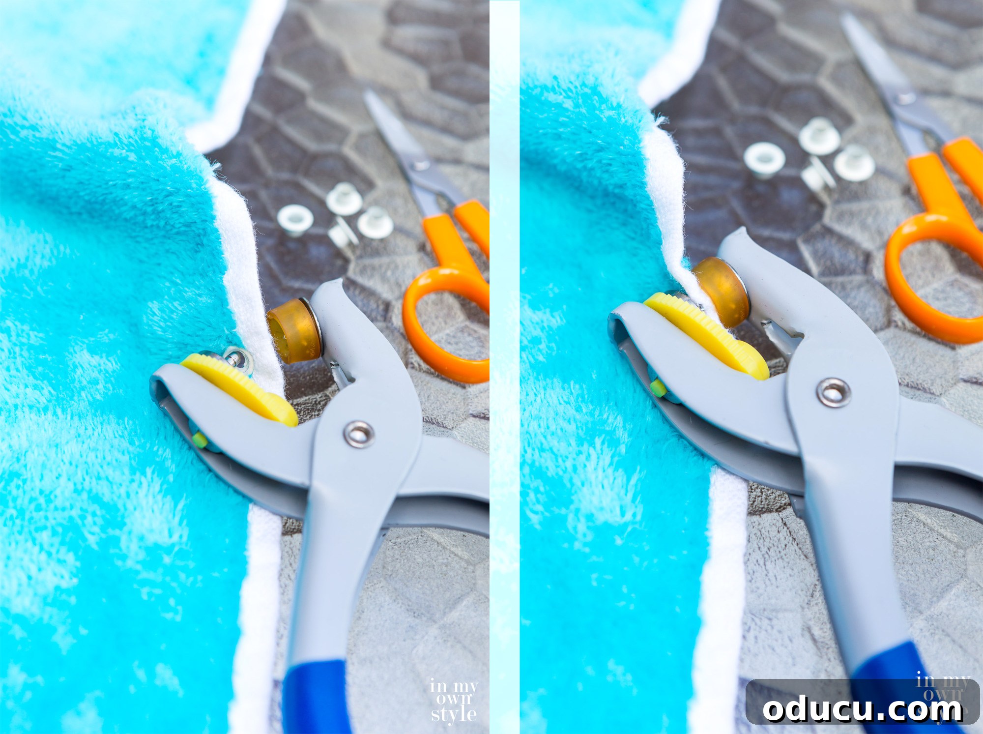 Effortless Outdoor Chair Makeovers: No Sewing Required 5 2 photos showing how to punch a metal eyelet into a towel to make a tie on outdoor chair cover.