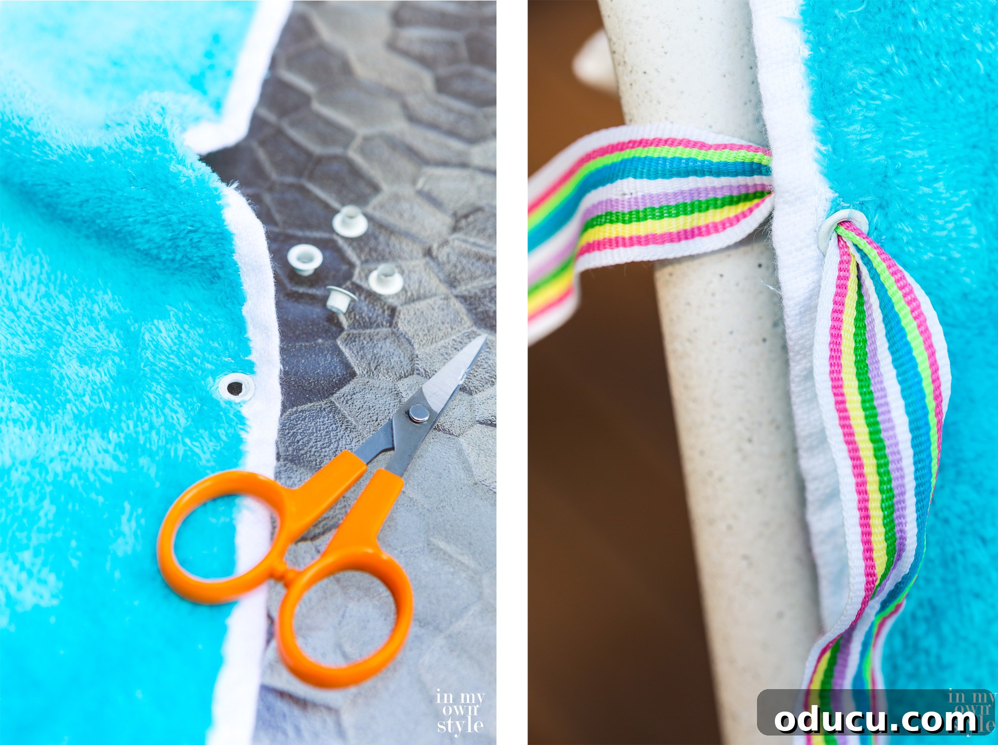 Effortless Outdoor Chair Makeovers: No Sewing Required 6 How to thread ribbon through an eyelet when making an outdoor chair slipcover.