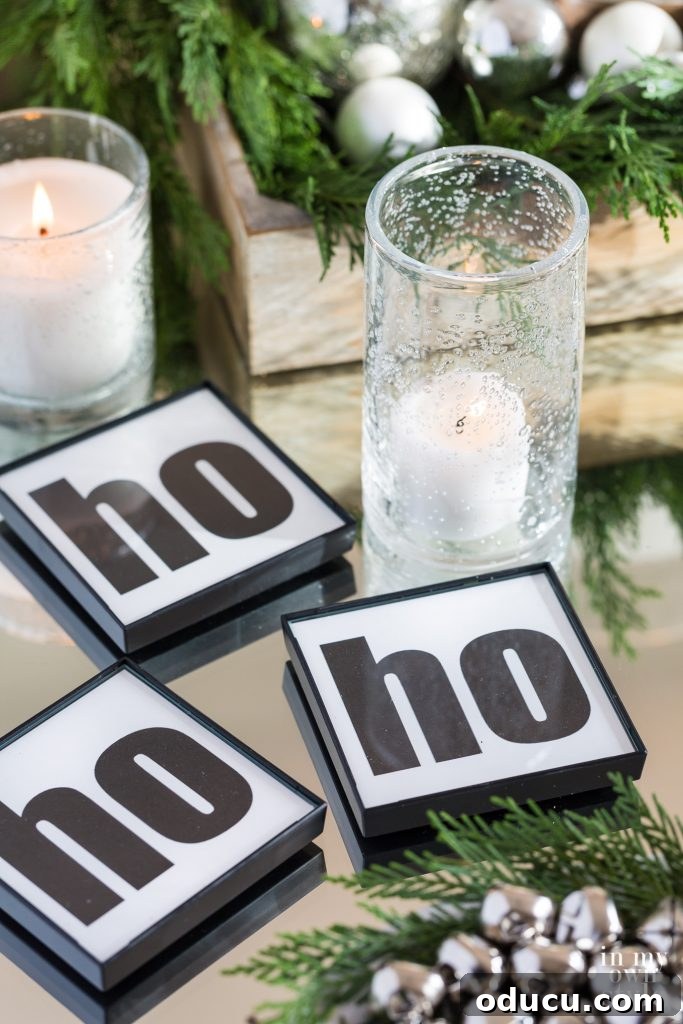 Trendspotting Chapter 13 4 DIY black and white HO HO HO coasters on table