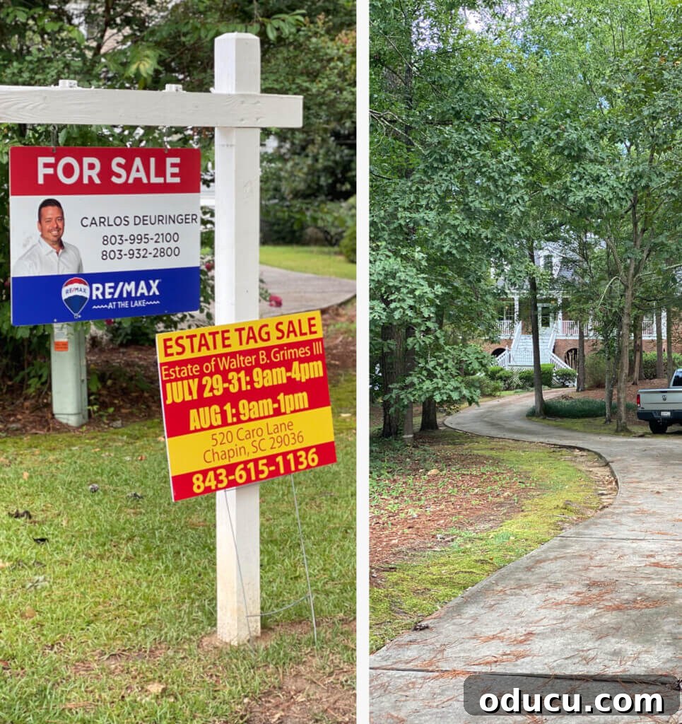 A 'For Sale' sign in a yard alongside an 'Estate Tag Sale' sign, with a winding drive leading down to a house visible in the background.