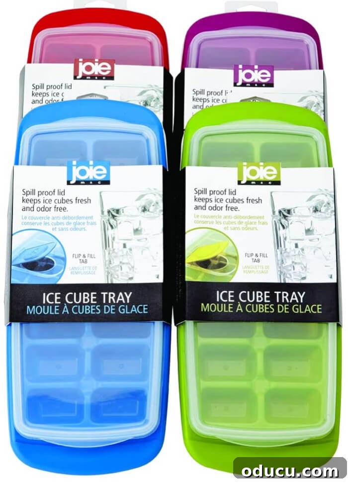 A collection of four different colored ice cube trays with secure lids, ideal for food preservation.